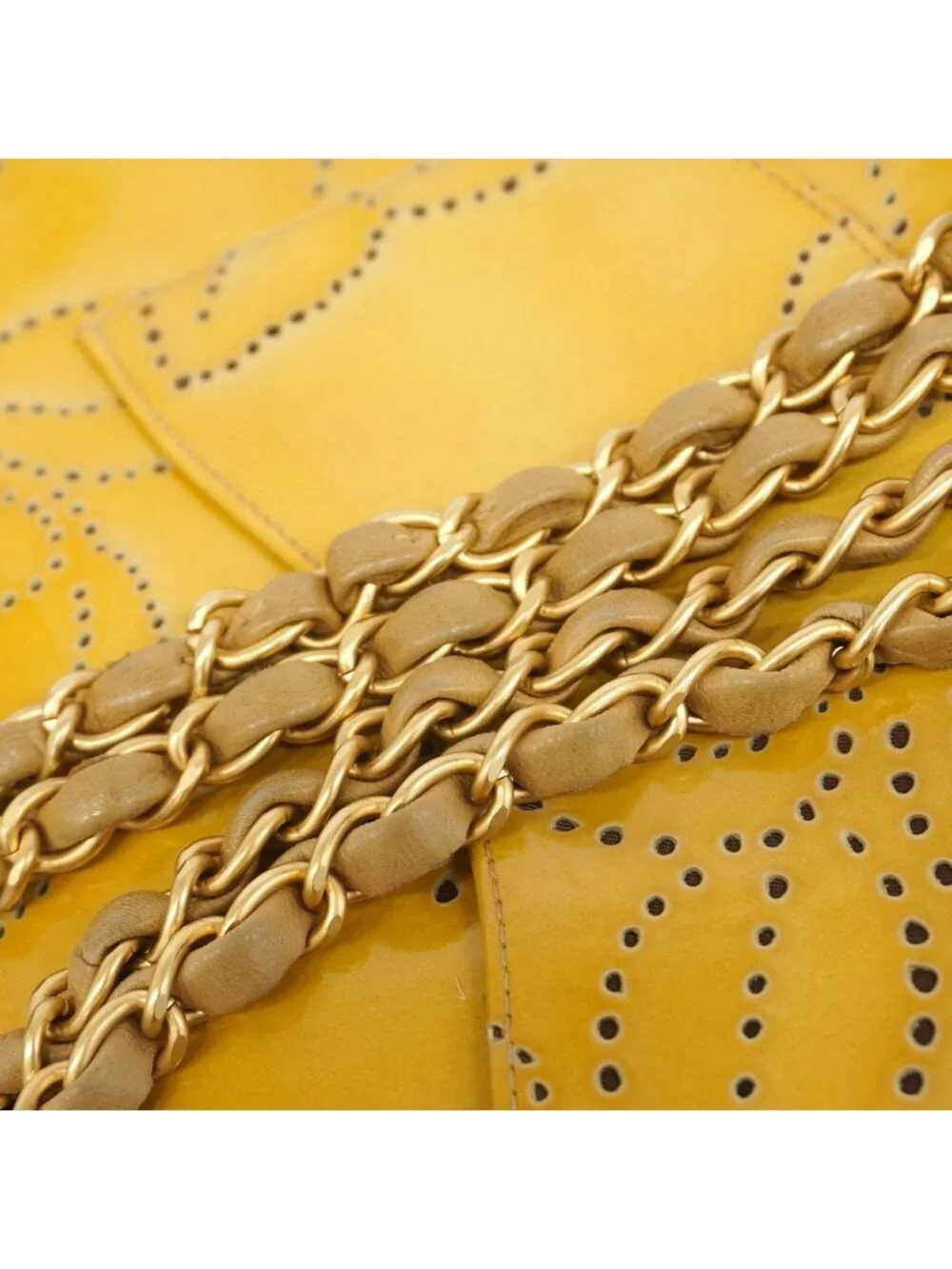 Chanel Shoulder Bag Perforated Patent Leather Yellow Gold
